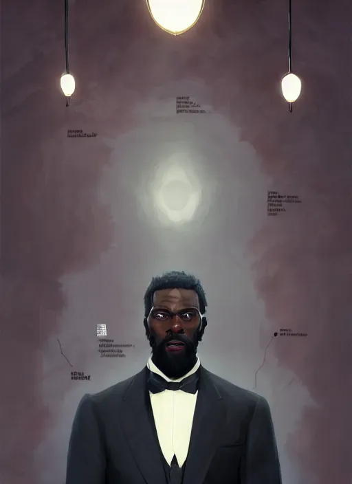 Image similar to portrait of handsome black genius in tailored suit, world map background, clean cut with goatee, intricate baroque thoughts, elegant atmosphere, glowing lights, highly detailed, digital painting, artstation, concept art, smooth, sharp focus, illustration, art by wlop, mars ravelo and greg rutkowski