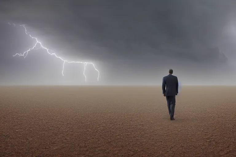 Image similar to a cinematic landscape photograph of a man dressed in a business suit trekking through a desert, dust storm, thunder and lightning, lee madgwick and zack snyder, 8 k, hd, high resolution, 3 5 mm, f / 3 2, tenet