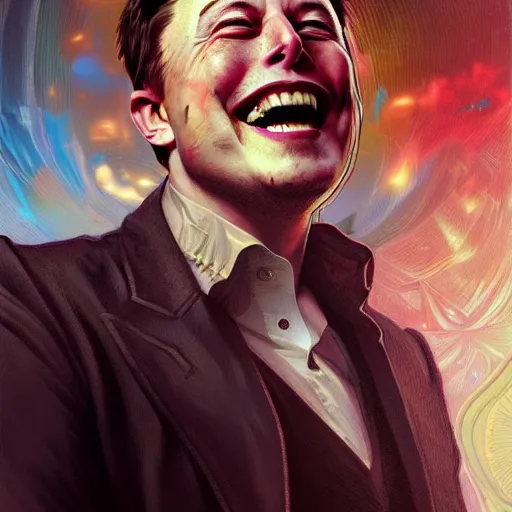 Image similar to Portrait of Elon Musk laughing hysterically as stock prices crash, fantasy, intricate, elegant, highly detailed, digital painting, artstation, concept art, matte, sharp focus, illustration, art by Artgerm and Greg Rutkowski and Alphonse Mucha, portrait