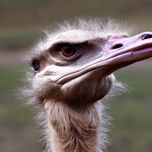 Prompt: ostrich with the head of a velociraptor, highly detailed photo