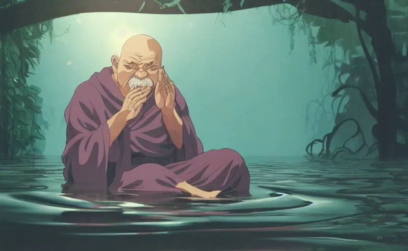 Prompt: a film still portrait of a mauve old monk meditating inside a cubic bubble in a flooded temple jungle. finely detailed features, closeup at the faces, chronenberg, perfect art, grimdark, trending on pixiv fanbox, painted by studio ghibli