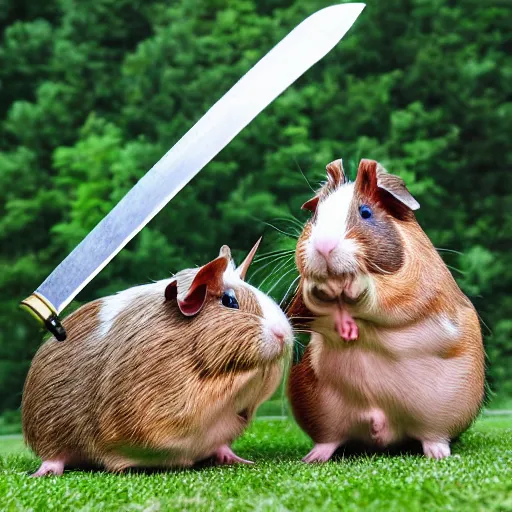 Image similar to anthropomorphic guinea pigs sword fighting, photograph