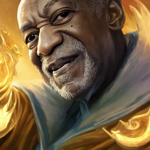 Image similar to portrait of bill cosby as a spellcaster, league of legends amazing splashscreen artwork, legends of runeterra, splash art, natural light, elegant, photorealistic facial features, intricate, fantasy, detailed face, atmospheric lighting, anamorphic lens flare, cinematic lighting, league of legends splash art, hd wallpaper, ultra high details by greg rutkowski