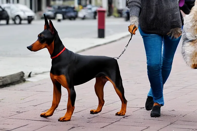 Prompt: toy doberman pinschers following a woman on a walk down the sidewalk