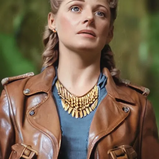 Image similar to a beautiful portrait from the film indiana jones and the fate of atlantis, of sophia hapgood in a leather jacket wearing the nur ab sal necklace, dslr hyper focused