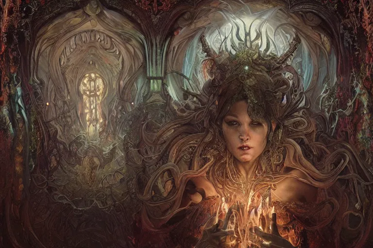 Prompt: a lovecraftian painting of a demonic shrine, occult, sacred ritual, cosmic horror elements, ultra realistic, concept art, intricate details, eerie, highly detailed, photorealistic, octane render, 8 k, unreal engine. art by artgerm and greg rutkowski and alphonse mucha