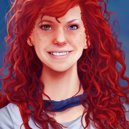 Prompt: a young woman with curly red hair, freckles, smart, portrait, shallan davar, blue eyes, smiling laughing, thick hair, rpg, dnd, artgerm style