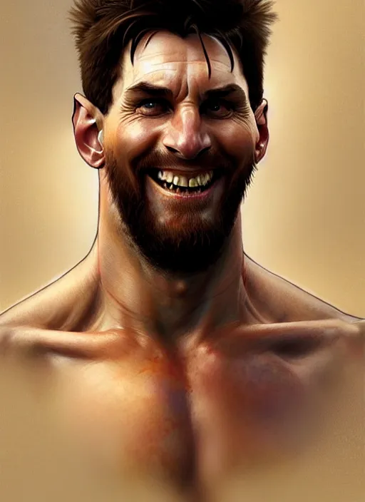 Prompt: portrait of aggressive smiling messi, d & d, muscular! fantasy, intricate, elegant, highly detailed, digital painting, artstation, concept art, smooth, sharp focus, illustration, art by artgerm and greg rutkowski and alphonse mucha