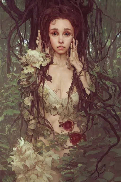 Image similar to scared cottagecore zombie Ariana Grande , rotten flesh & corpses, creepy forest, intricate, elegant, highly detailed, digital painting, artstation, concept art, smooth, sharp, focus, illustration, art by artgerm and greg rutkowski and alphonse mucha