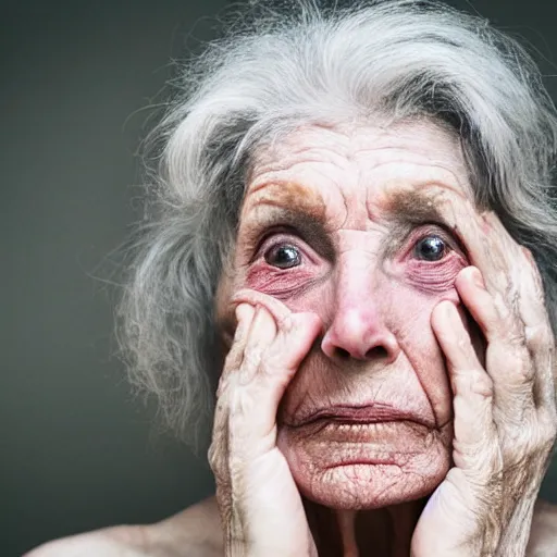 Image similar to scarred older woman, faded beauty, fragile optimism