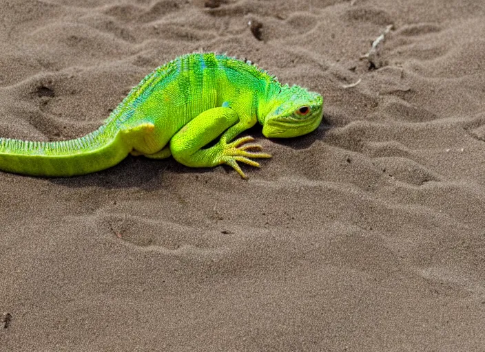 Image similar to a lizard out in the beach while looking into a sliced melon in front of it