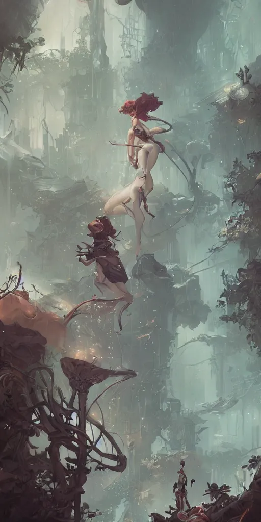 Image similar to a detailed concept art of a woman against the background of an overgrown city , artstation, by Peter Mohrbacher, Art Nouveau, sophisticated, Unreal engine, intricate