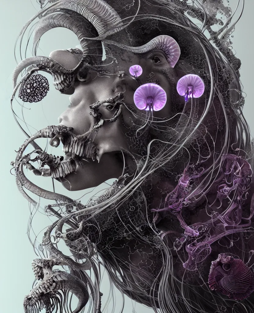 Image similar to goddess close-up portrait ram skull, thorax, x-ray, backbone, jellyfish phoenix head, nautilus, orchid, skull, betta fish, bioluminiscent creatures, intricate artwork by Tooth Wu and wlop and beeple. octane render, trending on artstation, greg rutkowski very coherent symmetrical artwork. cinematic, hyper realism, high detail, octane render, 8k