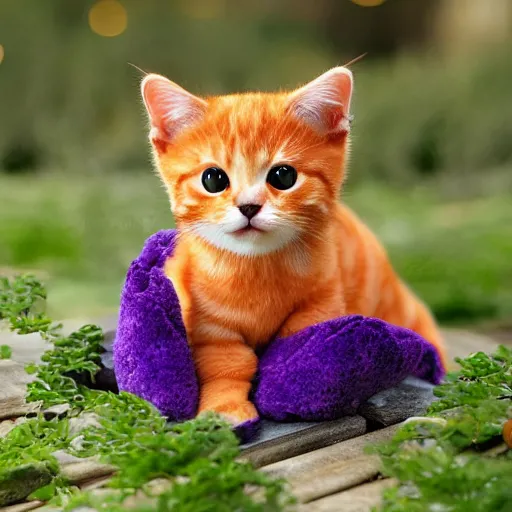 Prompt: cute small purple dragon snuggling orange tabby cat, realistic