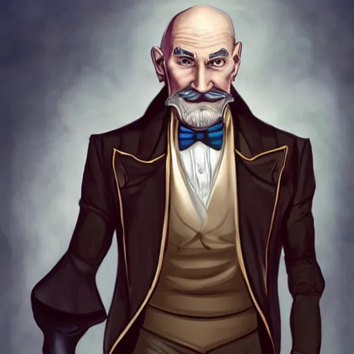 Image similar to older fantasy butler that looks similar to michael kane and patrick stewart, full body portrait, handsome, well groomed mustache, detailed, magic the gathering art style, balding, well dressed, pet rat on shoulder