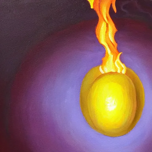 Prompt: a painting of a lemon on fire, hovering and glowing