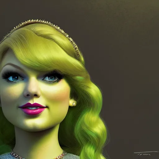 Image similar to portrait of Taylor Swift as Princess Fiona in Shrek 2001. HD, 4K. intricate abstract. intricate artwork. by wlop, beeple, dan mumford. trending on artstation, greg rutkowski very coherent symmetrical artwork. cinematic, hyper realism, high detail, octane render, 8k