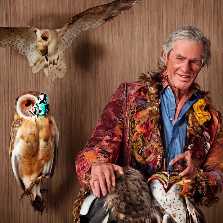 Image similar to high fashion photoshoot octane render portrait by wayne barlow and carlo crivelli and glenn fabry, a distinguished old cowboy wearing a colorful wes anderson designed cowboy costume and holding a barn owl inside a high - end exotic colorful pastel vintage boutique hotel lounge, very short depth of field, bokeh