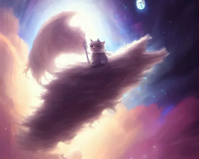 Image similar to one cartoonish kitty dressed as Gandalf floating alone in space, bright stars, anime, a fantasy digital painting by Greg Rutkowski and James Gurney, trending on Artstation, highly detailed