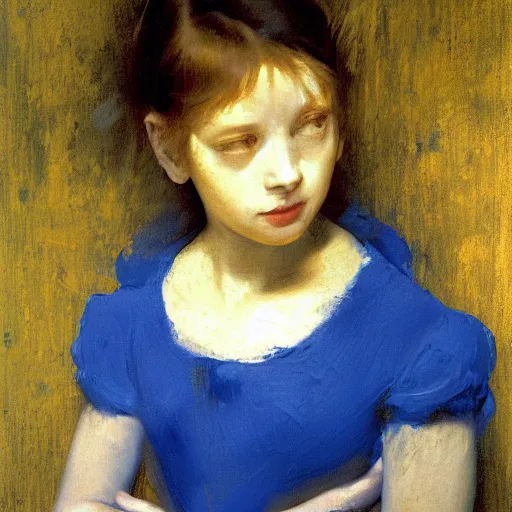 Image similar to palette knife oil painting portrait of a young girl in a blue and gold haunted liminal room, film still by goya, by balthus, by pontormo, extreme detail, liminal aesthetic, artgerm, deviant art, octane, substance, art history 8 k, art nouveau