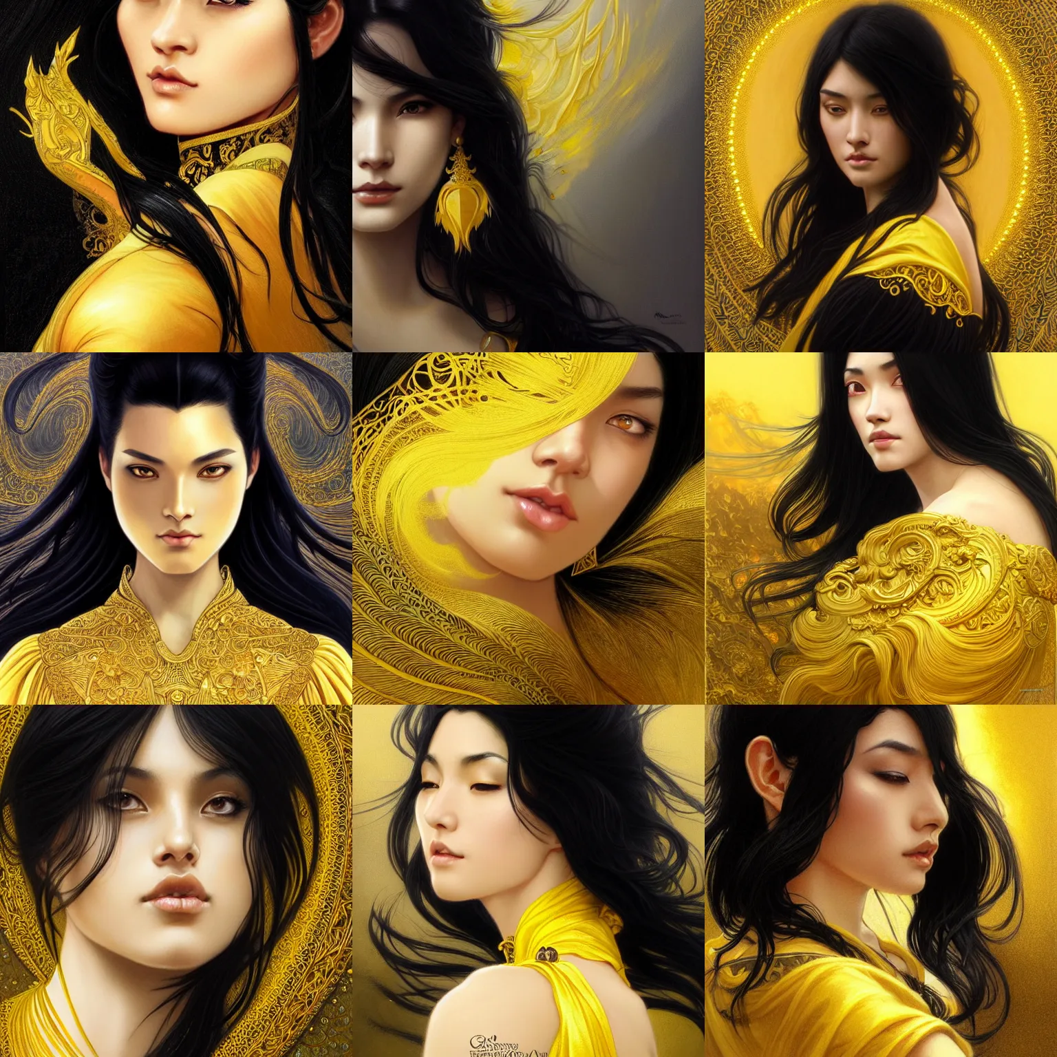 Prompt: beautiful black haired woman with yellow eyes, golden skin, asian descend, wavy hair combed to one side, black clothes, closeup, d & d, fantasy, intricate, elegant, highly detailed, digital painting, artstation, concept art, matte, sharp focus, illustration, art by artgerm and greg rutkowski and alphonse mucha