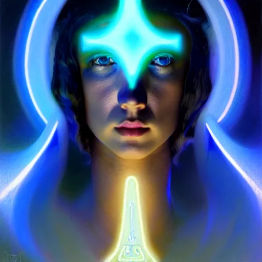 Image similar to tron angel, innocent illuminated face, psychedelic lsd, diffuse lighting, hyper realistic, elegant, intricate, hyper detailed, smooth, sharp focus, concept art, illustration, trending on artstation, art by john collier, artem demura, greg rutkowski, james gurney, and alphonse mucha