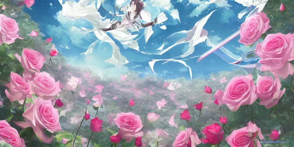 Image similar to background art of flying longswords flowing slicing through a bouquet of white and pink roses, big puffy clouds, sharp rain, large rose petals, lotus petals, large polygonal background elements, large polygons, dramatic anime, dramatic lighting, artgerm, manga, trending on artstation, art nouveau, mature colors