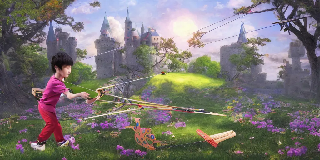 Image similar to a young boy practicing archery in the backyard of a castle, illustration digital art, matte painting, vivid colors, flat colors, cinematic, surreal, wide angle, made by chiho aoshima, trending on artstation, detailed