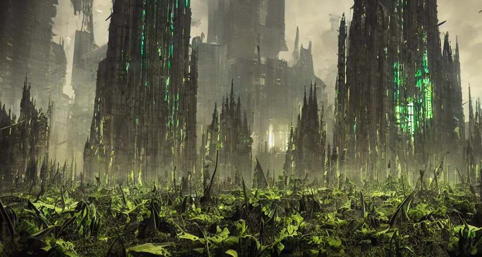 Image similar to giant thick green Spikes grow angular out of the ground in a gothic medieval cyberpunk city, debris flying around, the feeling of grimdark terror and pain, high quality, detailed, 8k, unreal engine, octane render, trending on artstation