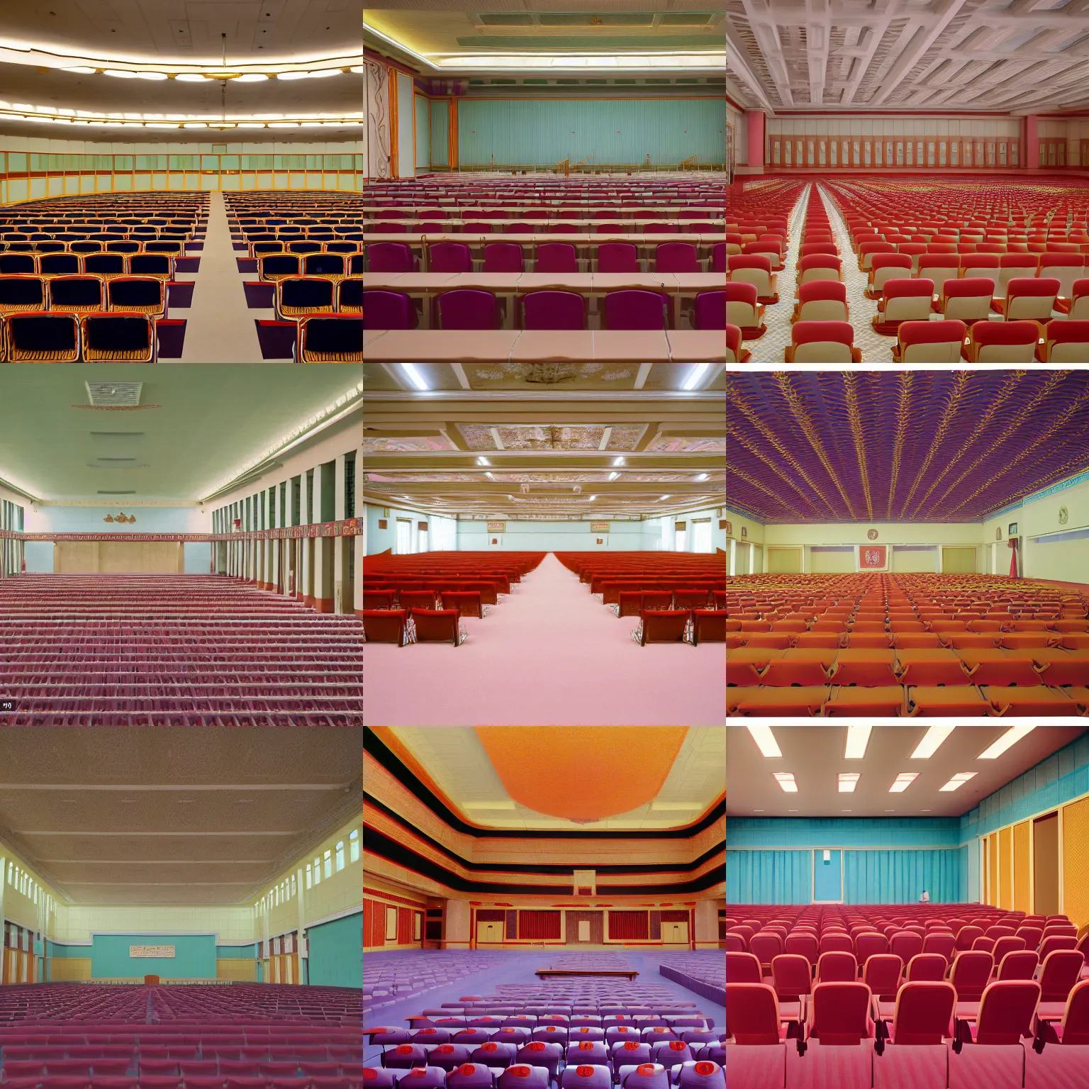 Prompt: interior of a conference hall, pastel colors, pyongyang, in the style of wes anderson, 4 k photograph, kodachrome