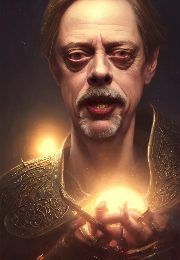 Image similar to highly detailed close up portrait of steve buscemi as a fantasy cleric surrounded by magic, in skyrim, stephen bliss, unreal engine, fantasy art by greg rutkowski, loish, rhads, ferdinand knab, makoto shinkai and lois van baarle, ilya kuvshinov, rossdraws, tom bagshaw, global illumination, radiant light, detailed and intricate environment