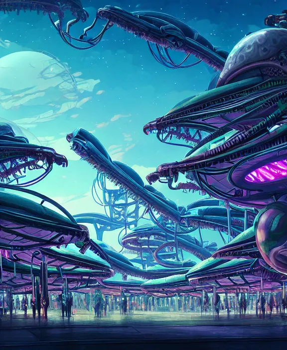 Image similar to an amusement park made out of alien creatures, biological forms, internal organs, in the style of an asymmetrical spaceship, apocalyptic environment, by dan mumford, yusuke murata, makoto shinkai, ross tran, cinematic, unreal engine, cel shaded, featured on artstation, pixiv