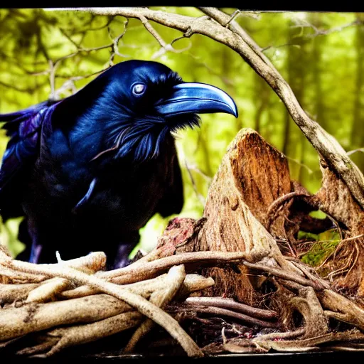 Prompt: a very detailed photograph of a raven in a dark forest eating an animal carcass 4 k, high resolution, still, landscape, hd, dslr, hyper realistic, sketch