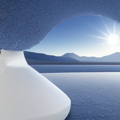 Image similar to frosted wine bottle standing on a white zen clean modern minimalist white yatch in front of large circular portal with frosted mountain view, frozen and covered in ice, by peter tarka and zaha hadid octane highly render, 4 k, ultra hd,