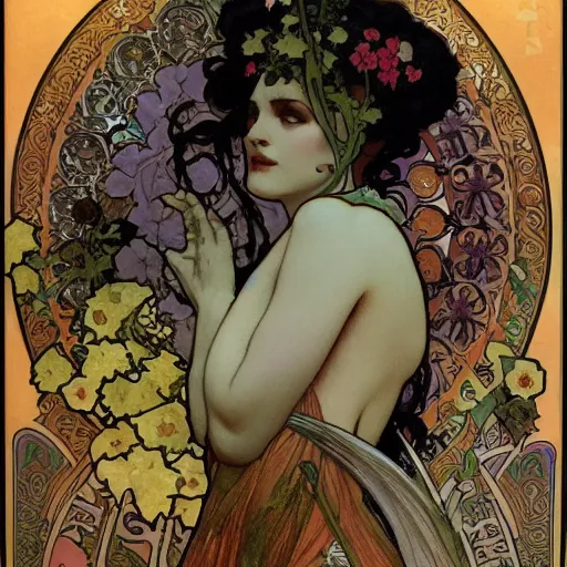 Image similar to persephone as goddess of death and flowers, dark atmosphere, painted by alphonse mucha