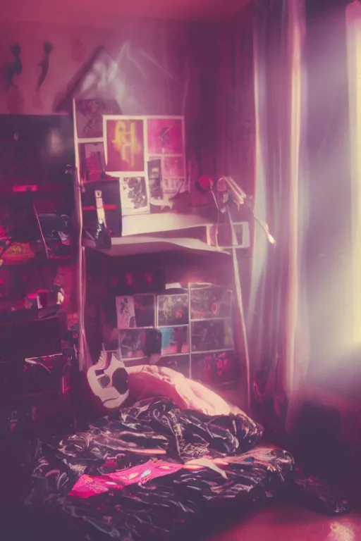 Image similar to agfa vista 4 0 0 photograph of a cluttered 9 0 s teenagers goth punk rock bedroom, synth vibe, vaporwave colors, lens flare, moody lighting, moody vibe, telephoto, 9 0 s vibe, blurry background, grain, tranquil, calm, faded!,