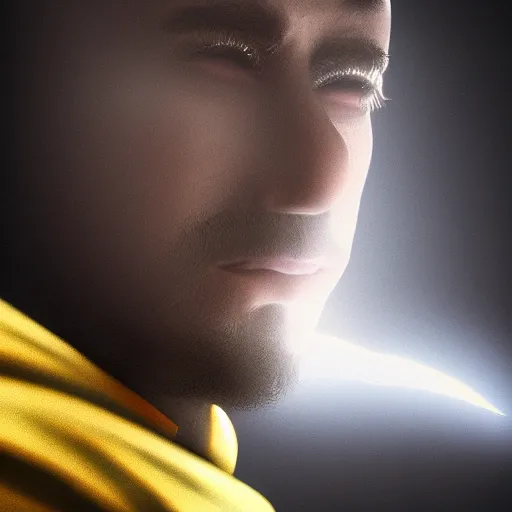 Prompt: Close up of a priest in his thirties fervently praying as he is about to die from the ominous yellow shadow descending upon him from the night sky. Low angle, dramatic lighting. Award-winning digital art, trending on ArtStation