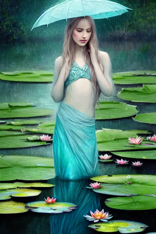 Image similar to light teal portrait in the rain on pond with waterlilies, fantasy, intricate, elegant, dramatic lighting, emotionally evoking symbolic metaphor, highly detailed, lifelike, photorealistic, digital painting, artstation, concept art, smooth, sharp focus, illustration, art by John Collier and Albert Aublet and Krenz Cushart and Artem Demura and Alphonse Mucha