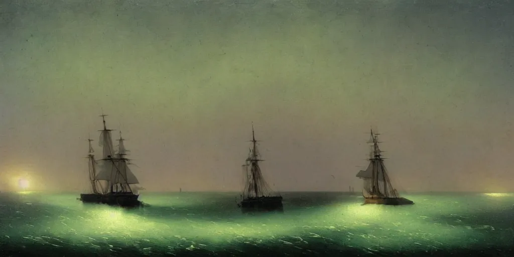 Prompt: “ a single three - masted sail ship beset in solid white ice, nighttime, aurora borealis, painting by ivan aivazovsky ”