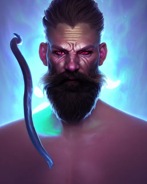 Image similar to epic fantasy render portrait of a despairing bioluminescent man with a beard with glowing eyes, dark retrowave, highly detailed, digital painting, cinematic, hyperrealism, rpg portrait, dynamic lighting, art by boris vallejo and julie bell and magali villeneuve and alphonse mucha, artstation, octane render, cgsociety