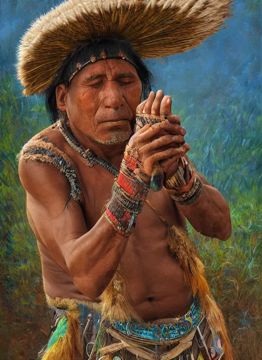 Prompt: a realistic painting of indigenous man playing shamanic drum, highly detailed, matte painting, fantasy art