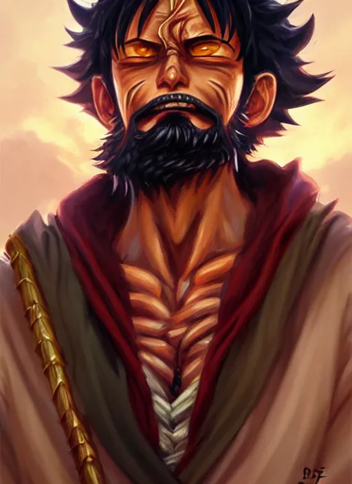 Image similar to luffy as fantasy style portrait painting of middle eastern male brown wavy hair beard rpg dnd oil painting unreal _ 5 _ daz. _ rpg _ portrait _ extremely _ detailed _ artgerm _ greg _ rutkowski _ greg