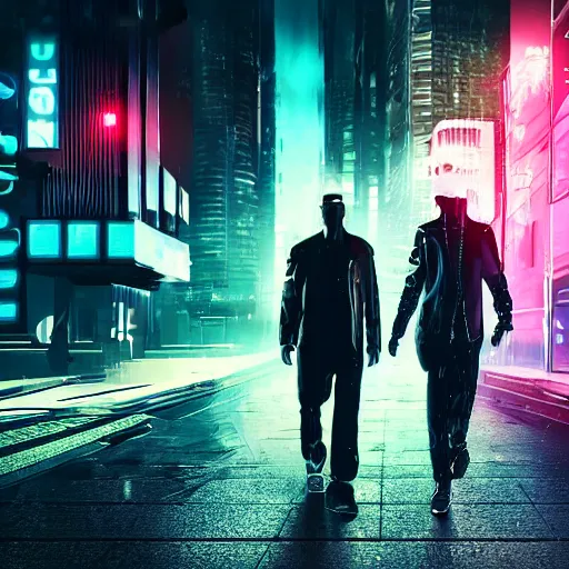 Prompt: cyberpunk men holding a cool watch walking in the middle of a cyberpunk street the background is a cyber street the weather is rainy and foggy photo - realistic