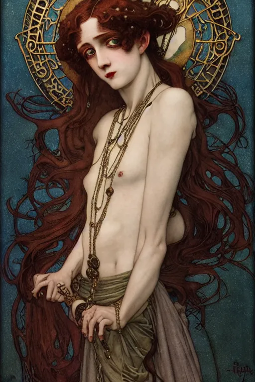 Image similar to edmund dulac, leyendecker, highly detailed portrait, a beautiful androgynous sebastian michaelis, long hair, tall and thin, wearing several pendants, art nouveau, stephen bliss, unreal engine, by greg rutkowski, loish, ferdinand knab, ilya kuvshinov, rossdraws, tom bagshaw, alphonse mucha, global illumination, radiant light