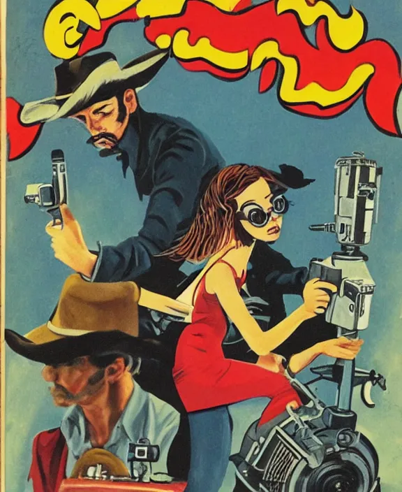 Prompt: cover of el librito vaquero that despicts a hipster girl with a laser gun
