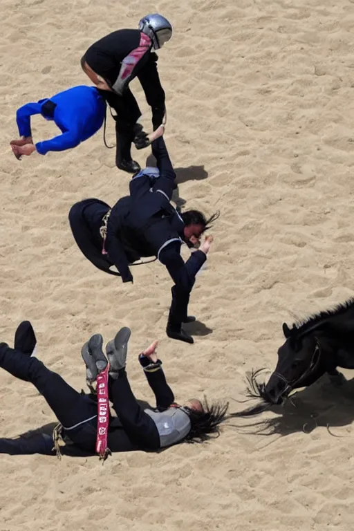 Image similar to horse wrestles astronaut on all fours on hands and knees in grappling in closed guard on mount position