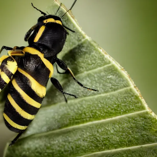 Prompt: a macro photograph of a wasp on a leaf, Nikon D810, Sigma 85mm ƒ/2.5, award-winning