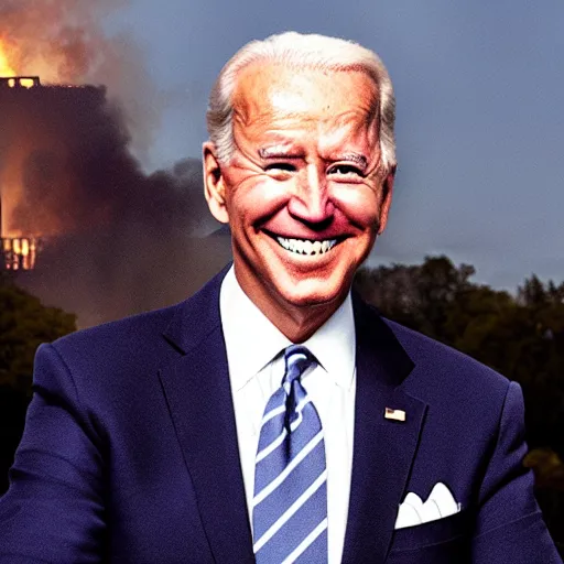 Prompt: Photograph of Joe Biden smiling with burning whitehouse in the background