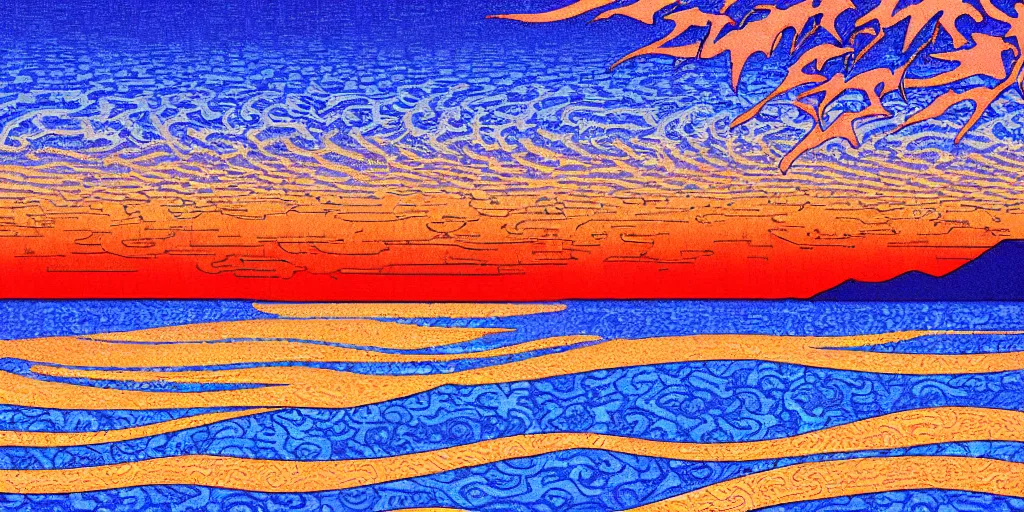 Image similar to Beautiful Impressionistic painting of an aesthetically pleasing, dynamic, energetic, lively, complex, intricate, detailed, well-designed digital art of a beach, ripples, waves, sea foam, and sunset. light and shadow, overlaid with aizome patterns, Shin-hanga style by Ohara Koson and Makoto Shinkai, traditional Japanese colors, superior quality, masterpiece, featured, trending, award winning, HDR, HD, UHD, 4K, 8K, anamorphic widescreen, cinematic, super high quality art, excellent use of negative space.