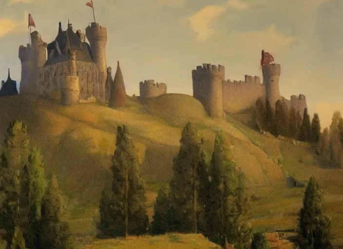 Prompt: painting of a castle on top of a hill, an ultrafine detailed painting by tom roberts, featured on artstation, american barbizon school, matte painting, matte drawing, painterly